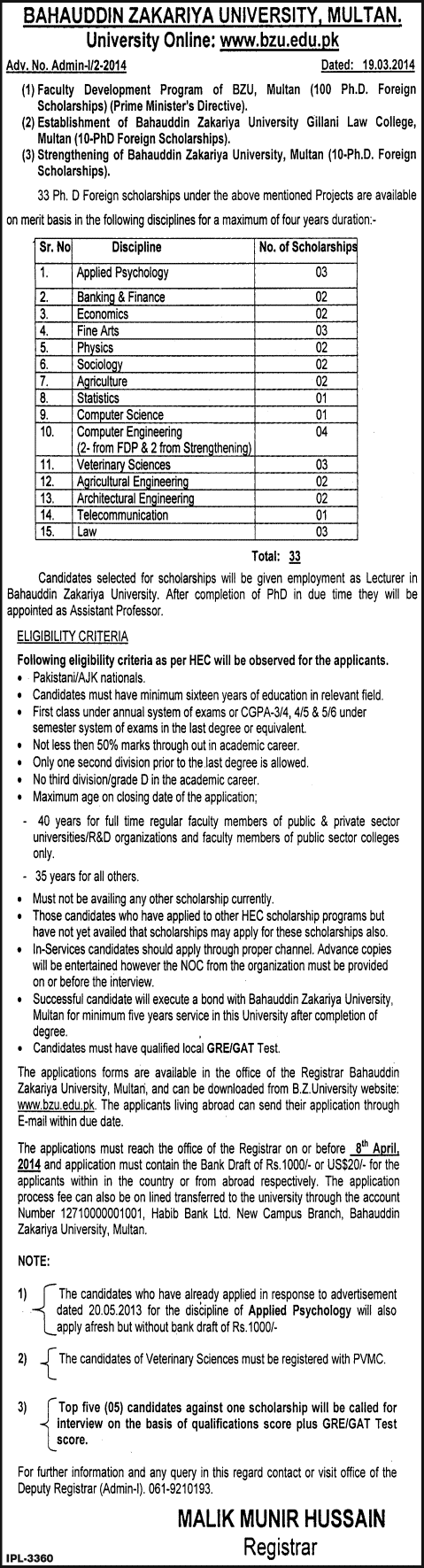 BZU Foreign Scholarships 2014 April for Ph.D. under Faculty Development Program