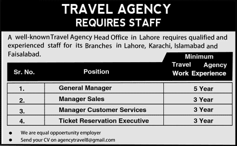 Travel Agency Jobs in Lahore / Karachi / Islamabad 2014 March / April for Managers & Ticket Reservation Executive