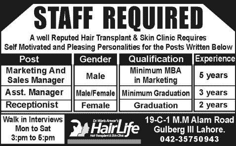 Marketing / Sales Managers & Receptionist Jobs in Lahore 2014 March / April at Hairlife Hair Transplant & Skin Clinic