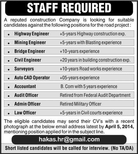 Construction Company Jobs in Pakistan 2014 March / April for Civil Engineers, Construction & Admin Staff