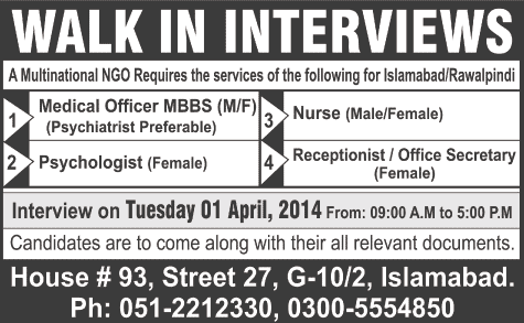 International NGO Jobs in Islamabad / Rawalpindi 2014 March / April for Medical Officer, Nurse, Psychologist & Receptionist