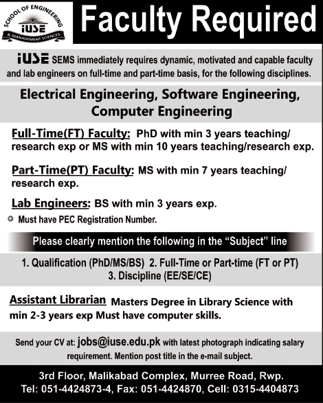 IUSE SEMS Rawalpindi Jobs 2014 March / April for Teaching Faculty, Lab Engineers & Assistant Librarian