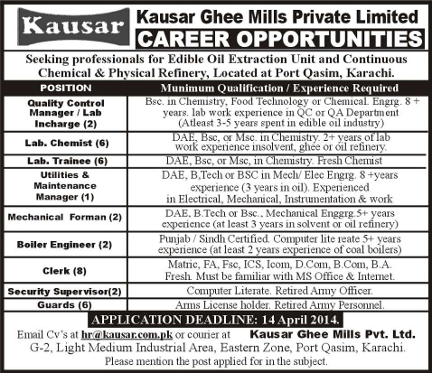 Kausar Ghee Mills Karachi Jobs 2014 March / April Latest Advertisement