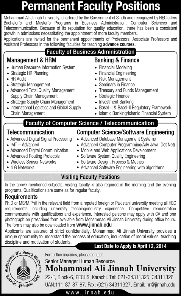 MAJU Jobs 2014 March / April for Teaching Faculty