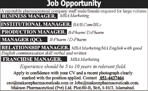 Makson Pharmaceuticals Islamabad Jobs 2014 March / April for Managers & Pharmacists
