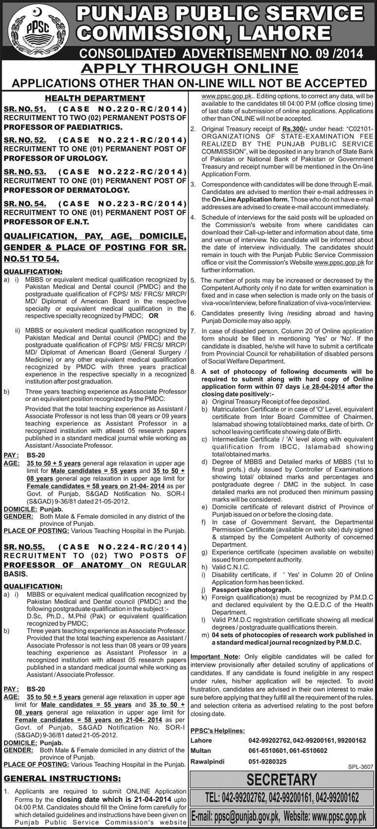 PPSC Jobs 2014 March / April Ad No 09/2014