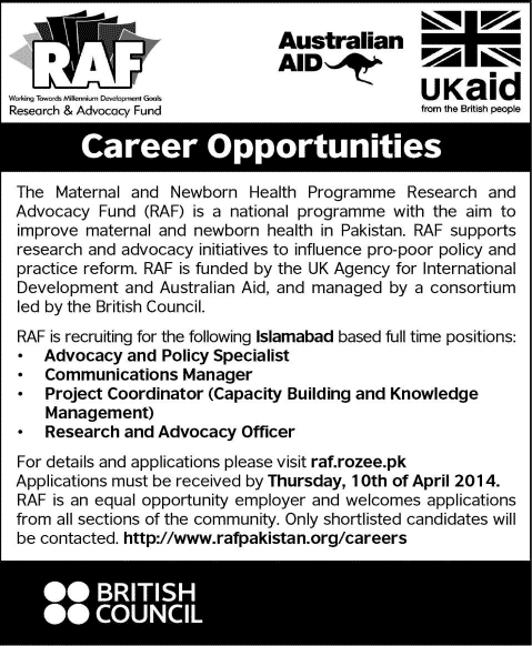 Research and Advocacy Fund RAF Pakistan Jobs 2014 March / April Latest