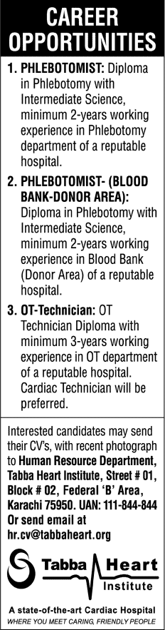 Tabba Heart Institute Karachi Jobs 2014 March / April for Phlebotomists & OT Technician