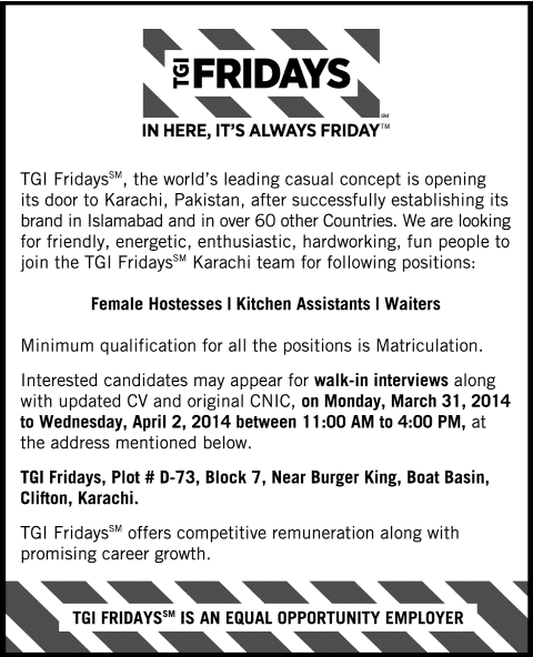 TGI Fridays Karachi Jobs 2014 March / April for Hostesses, Kitchen Assistants & Waiters