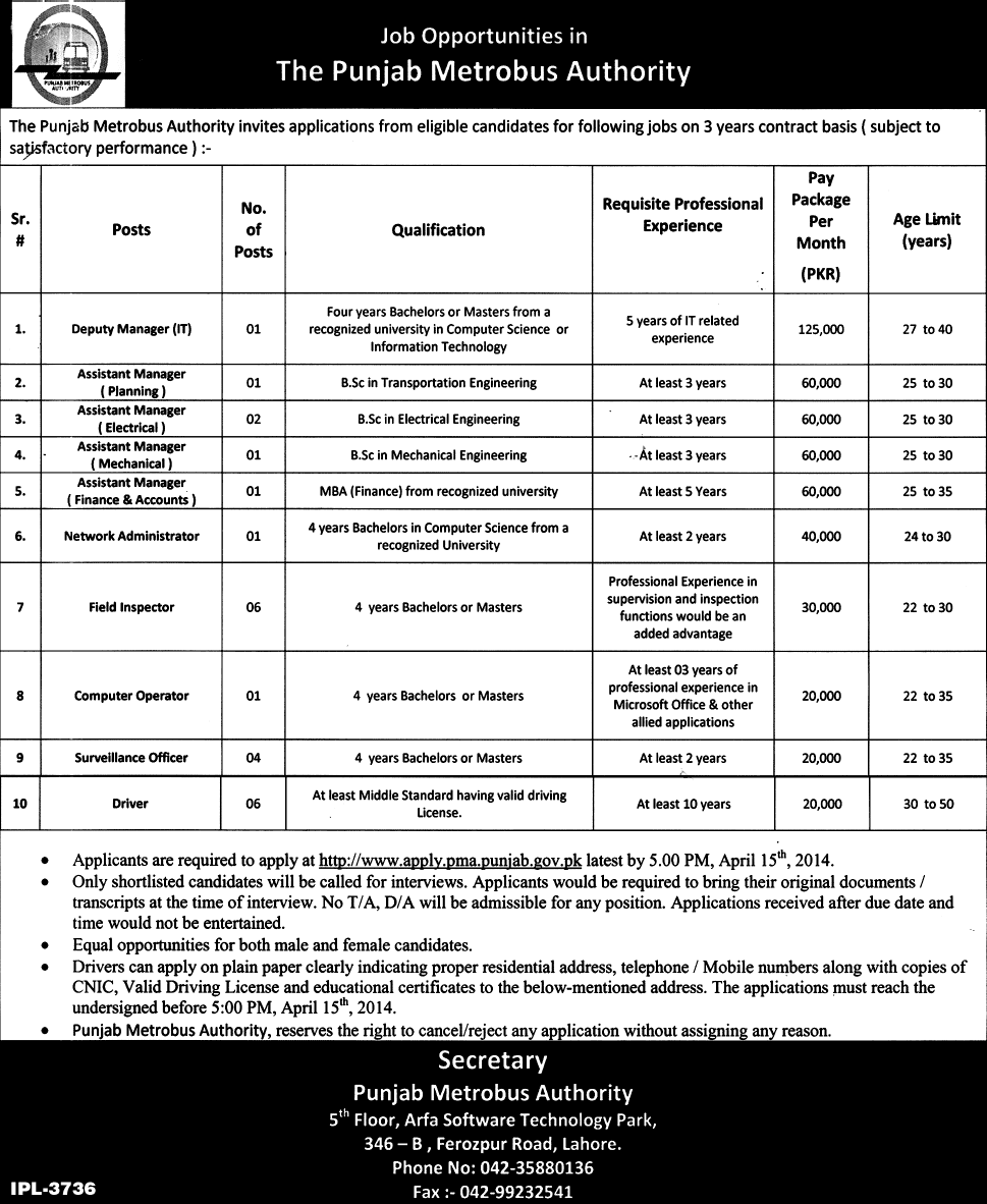 Punjab Metrobus Authority Jobs 2014 April Latest Advertisement