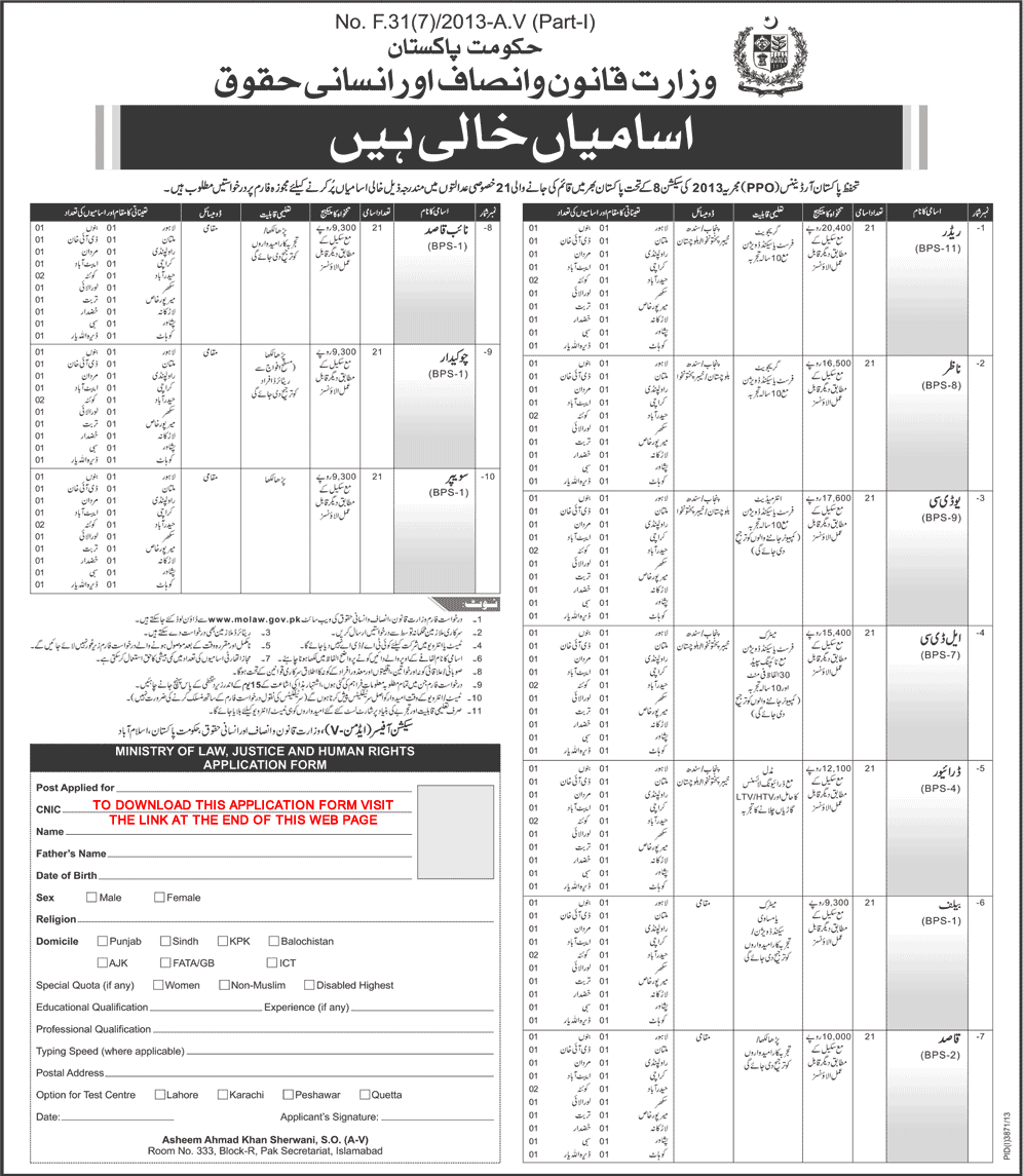 www.molaw.gov.pk Jobs Application Form 2014 Download