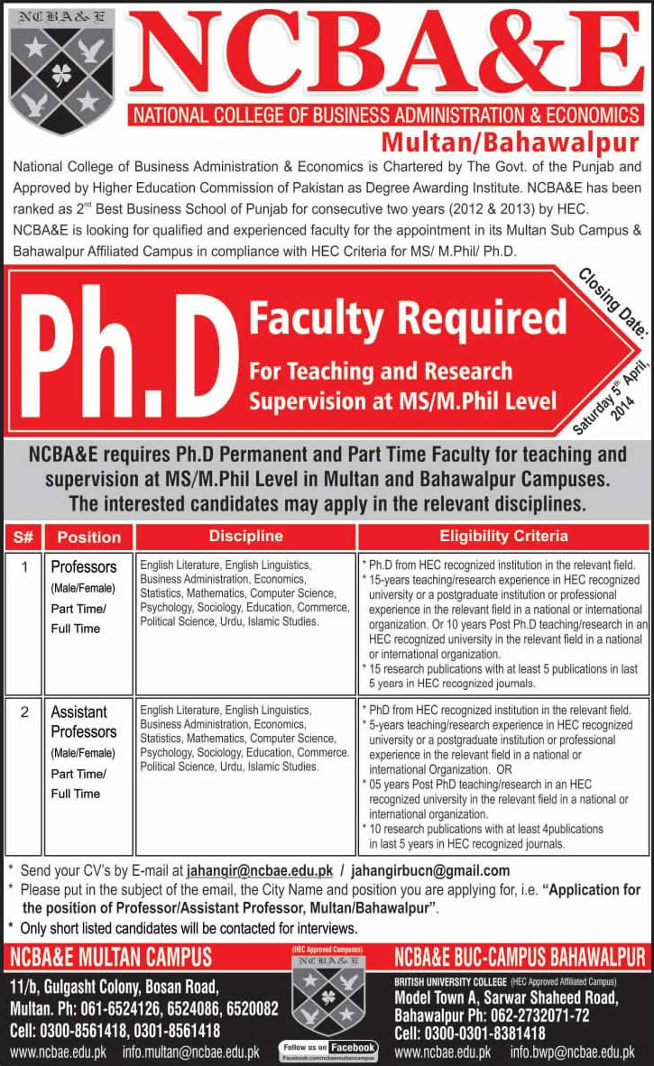 NCBA&E Multan / Bahawalpur Jobs 2014 April for Teaching Faculty / Professors