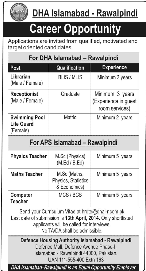 DHA Islamabad Rawalpindi Jobs 2014 April for Teaching Staff, Librarian, Receptionist & Life Guard