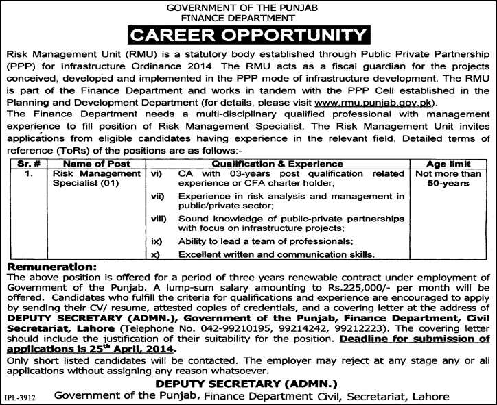 Finance Department Punjab Jobs 2014 April for Risk Management Specialist