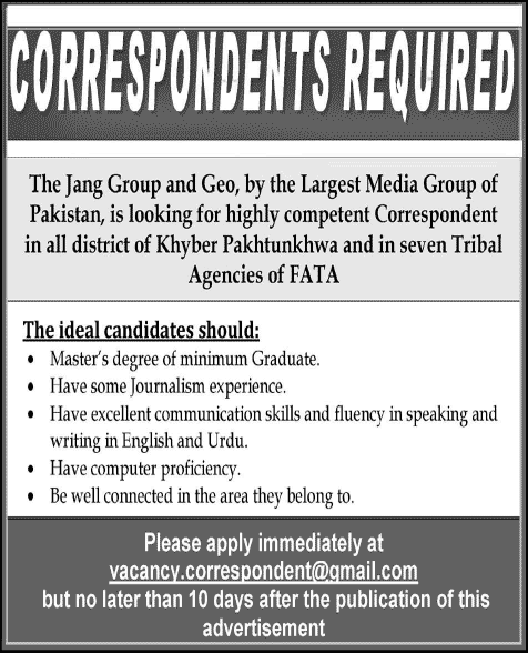 Geo / Jang Media Group Jobs for Correspondents in KPK / FATA 2014 April