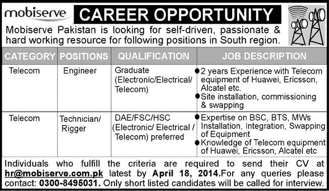 Telecom Engineer / Technician Jobs in Karachi 2014 April at Mobiserve Pakistan