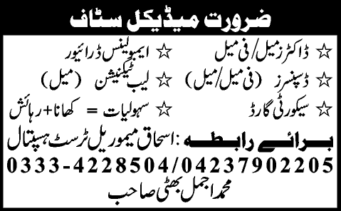 Security Guard, Driver, Dispenser, Lab Technician & Medical Officer Jobs in Lahore 2014 April at Ishaq Memorial Trust Hospital