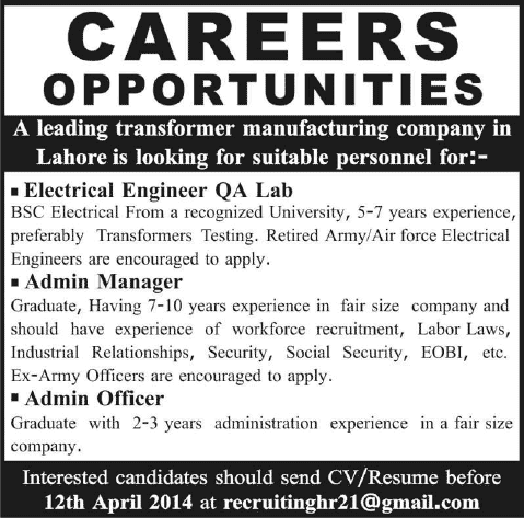 Electrical Engineer & Admin Manager / Officer Jobs in Lahore 2014 April for Transformer Manufacturing Company