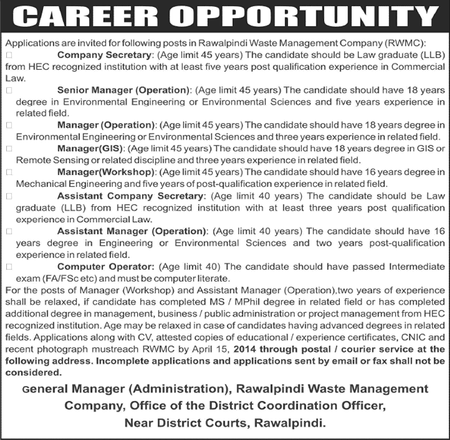 RWMC Jobs 2014 April Latest Rawalpindi Waste Management Company