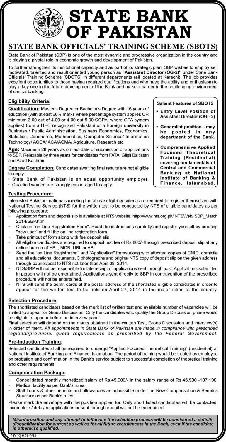 State Bank of Pakistan Jobs 2014 April for Assistant Directors - SBOTS