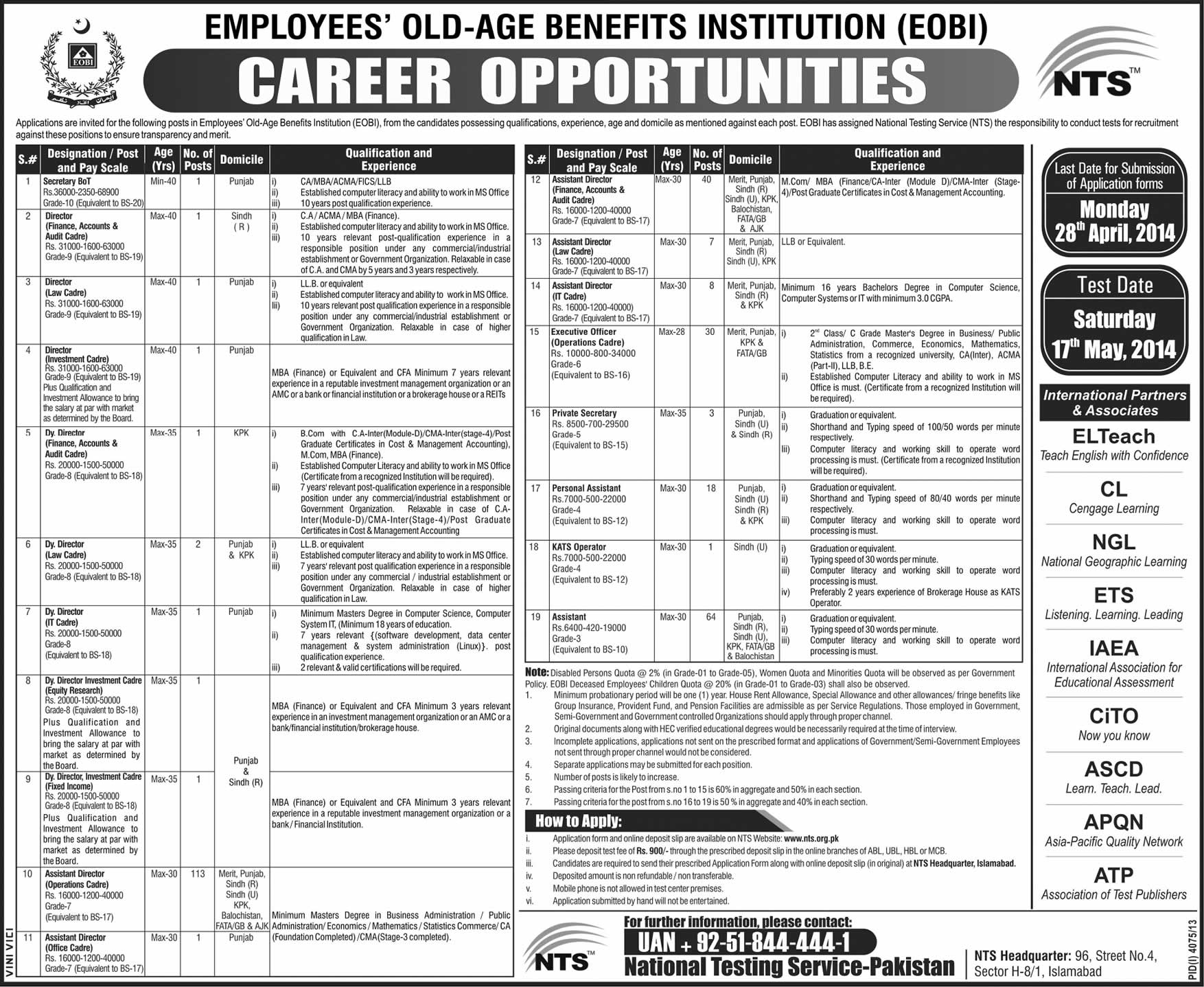 EOBI Jobs 2014 NTS Employees' Old Age Benefits Institution