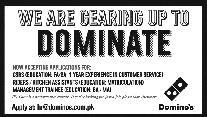 Domino's Karachi Jobs 2014 April for CSR, Riders, Kitchen Assistants & Management Trainee