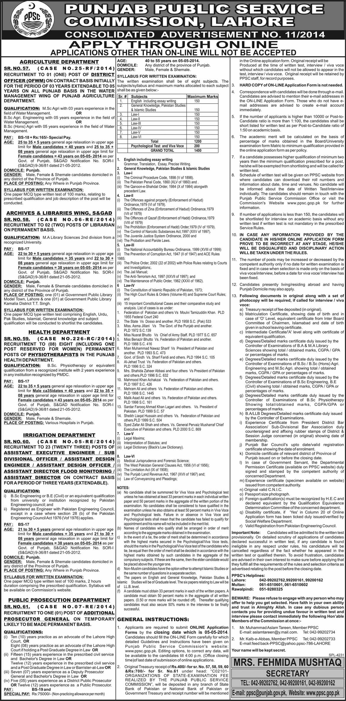 PPSC Jobs 2014 April Advertisement No 11/2014