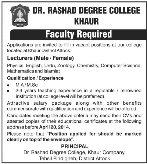 Lecturer Jobs in Attock 2014 April at Dr. Rashad Degree College Khaur