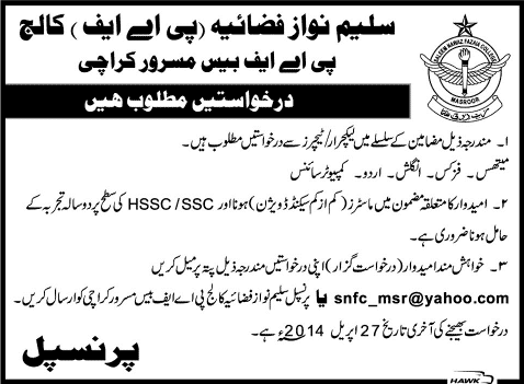 Saleem Nawaz Fazaia College Masroor Karachi Jobs 2014 April for Teaching Faculty