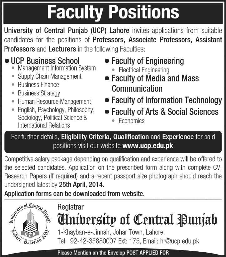 University of Central Punjab Jobs 2014 April for Teaching Faculty