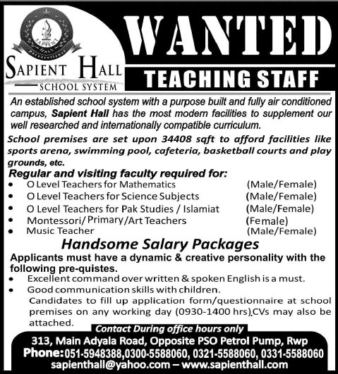 Teaching Jobs in Rawalpindi 2014 April at Sapient Hall School System