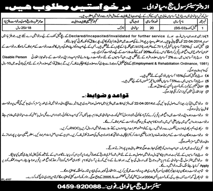 Tameel Kuninda Jobs in Civil Courts Mianwali April 2014