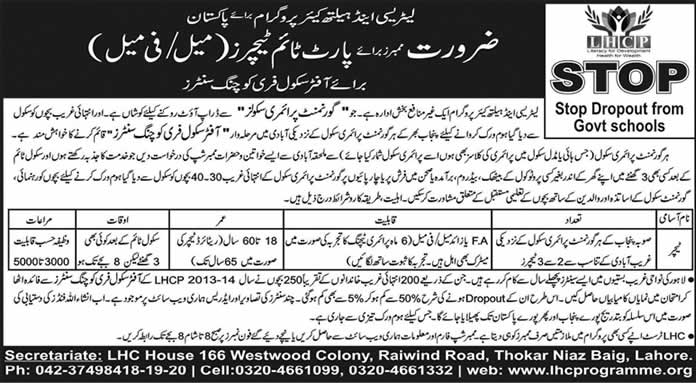 Literacy and Healthcare Programme Pakistan Jobs 2014 April for Part Time Teachers