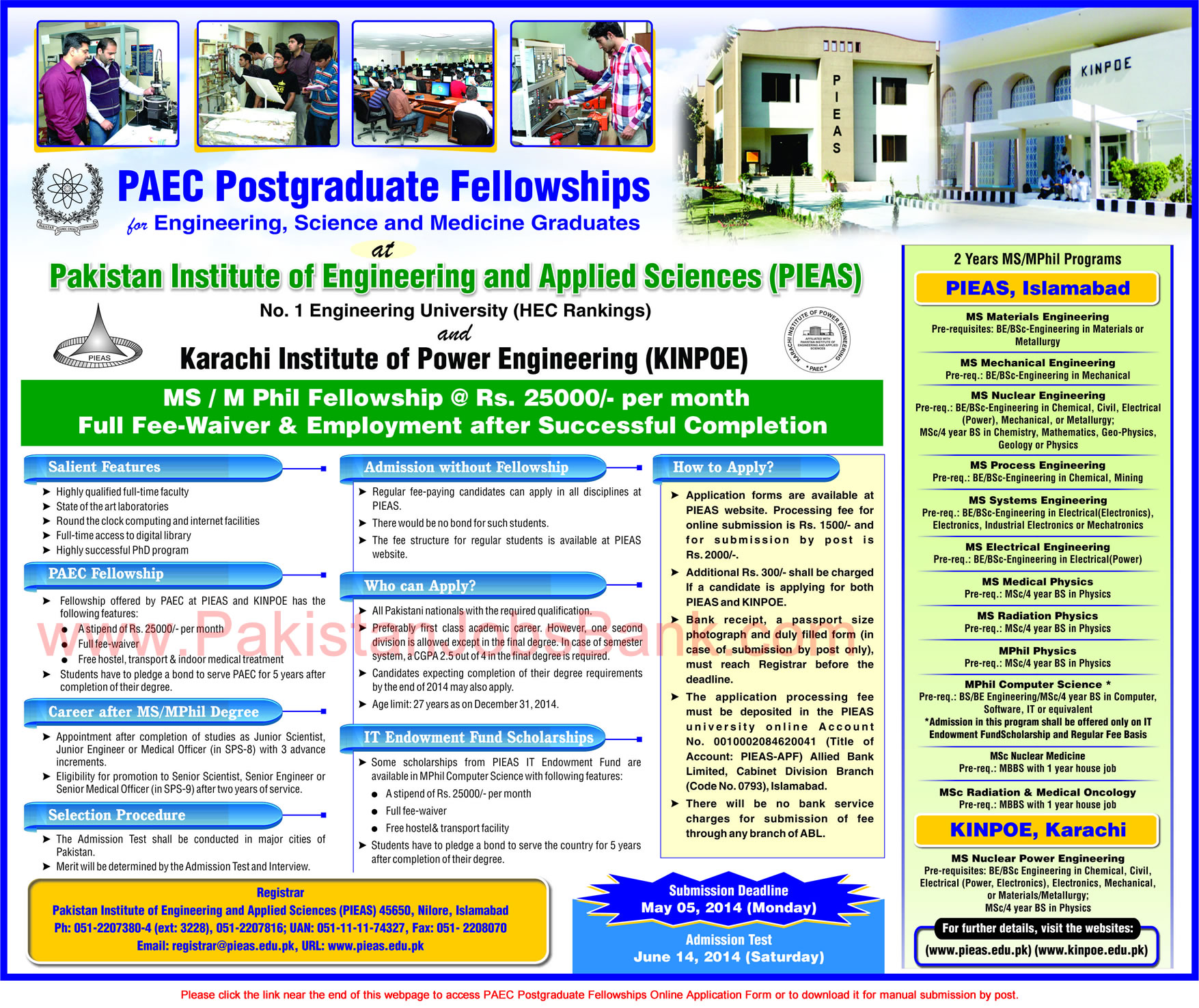 PAEC Fellowships 2014 Postgraduate at PIEAS & KINPOE