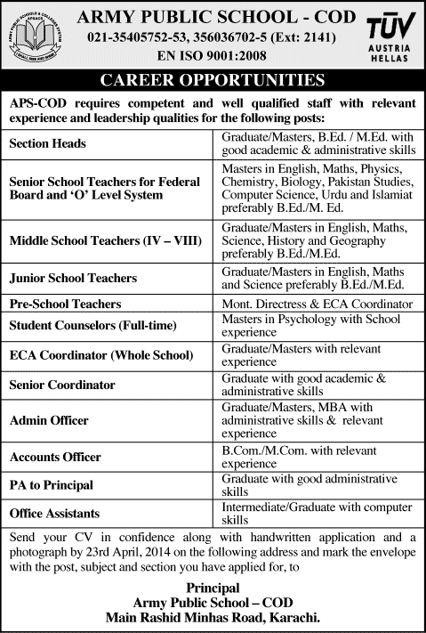 Army Public School COD Karachi Jobs 2014 April for Teaching & Non-Teaching Staff