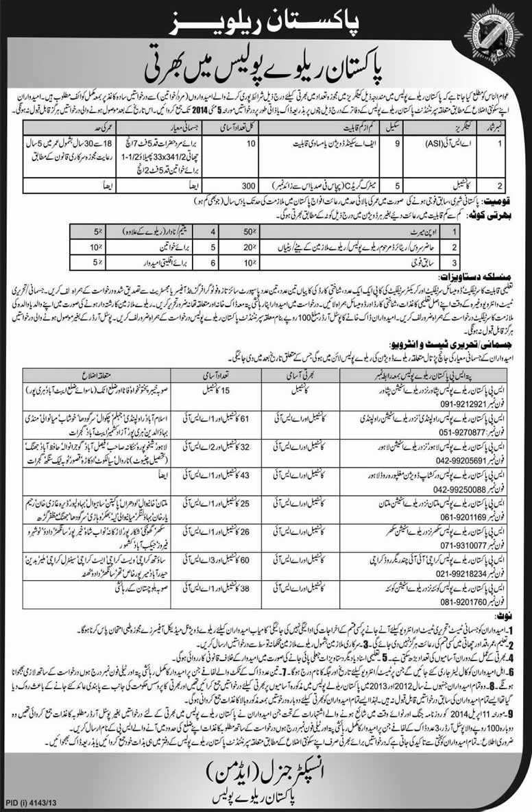 Latest Jobs in Pakistan Railway Police 2014 April