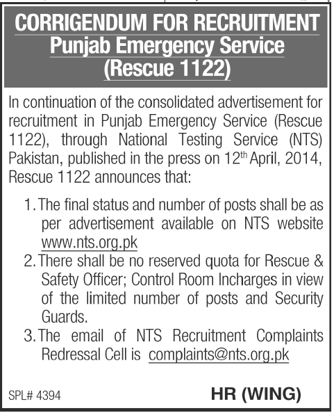Corrigendum Rescue 1122 Jobs 2014 April for Punjab Emergency Service