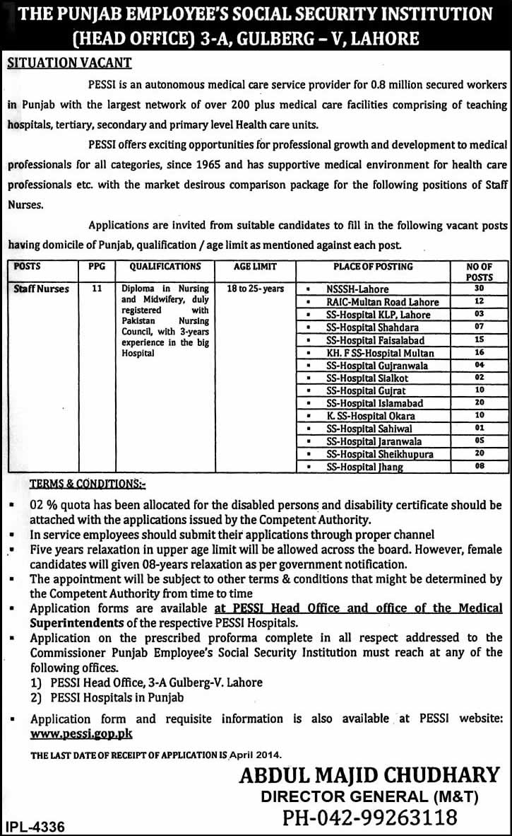 PESSI Hospital Jobs 2014 April for Staff Nurses in Social Security Hospitals