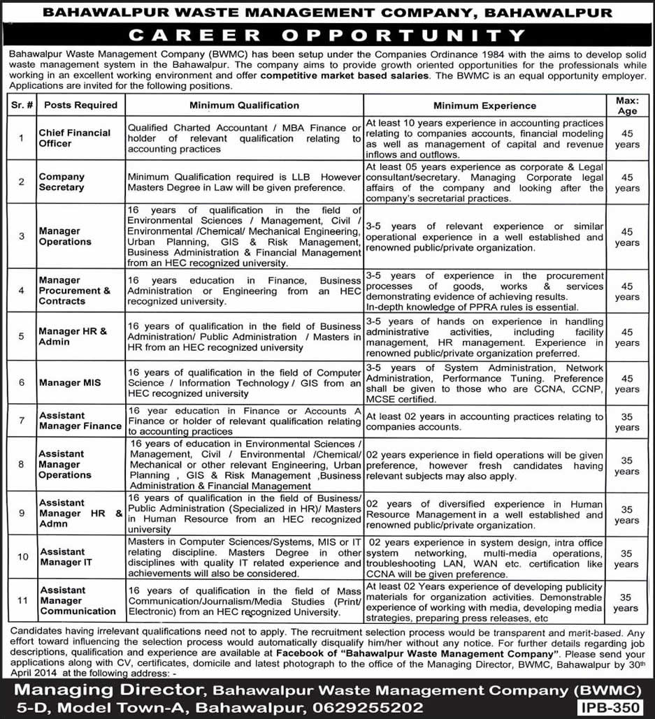 Bahawalpur Waste Management Company Jobs 2014 April Latest BWMC