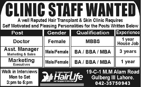 Doctor & Sales / Marketing Jobs in Lahore 2014 April at Hair Life Hair Transplant and Skin Clinic
