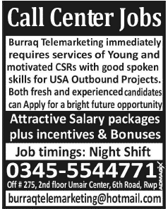 Call Center Jobs  in Rawalpindi 2014 April at Burraq Telemarketing