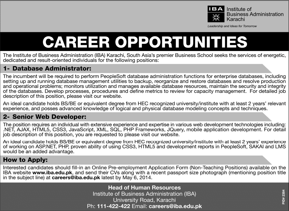 Database Administrator & Web Developer Jobs in IBA Karachi 2014 April