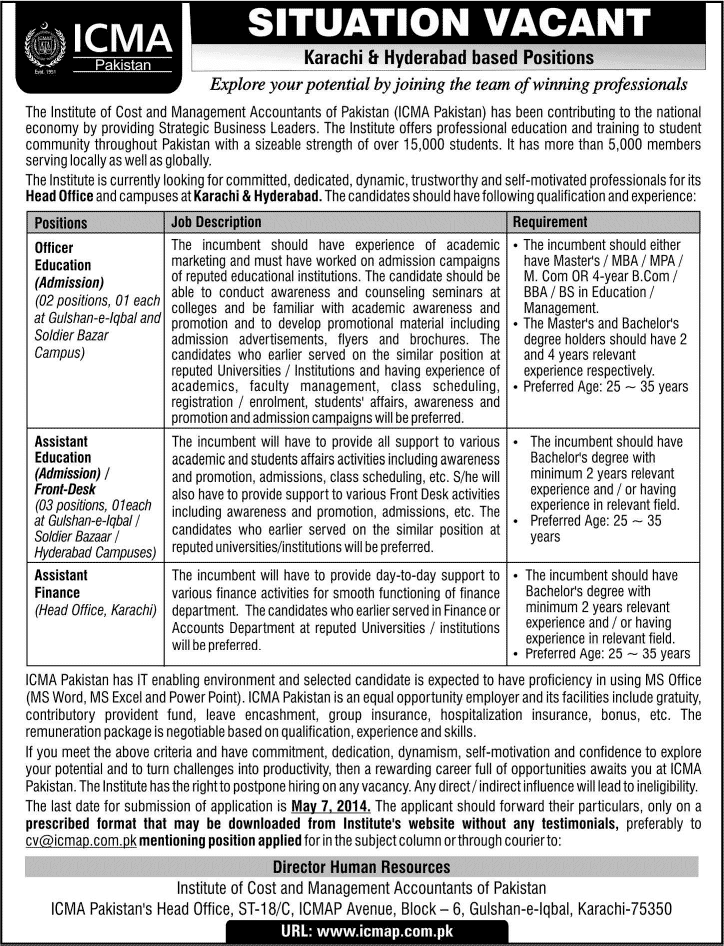 ICMA Pakistan Jobs 2014 April for Education Officer / Front Desk Officer & Finance Assistant