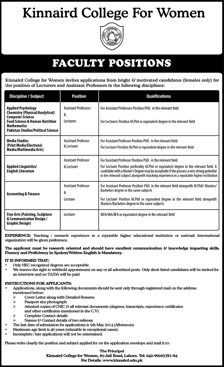 Kinnaird College for Women Lahore Jobs 2014 April for Teaching Faculty