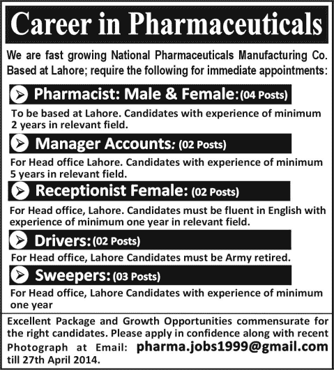 Accounts Manager, Pharmacist, Receptionist, Driver & Sweepers Jobs in Lahore 2014 April for Pharmaceutical Company