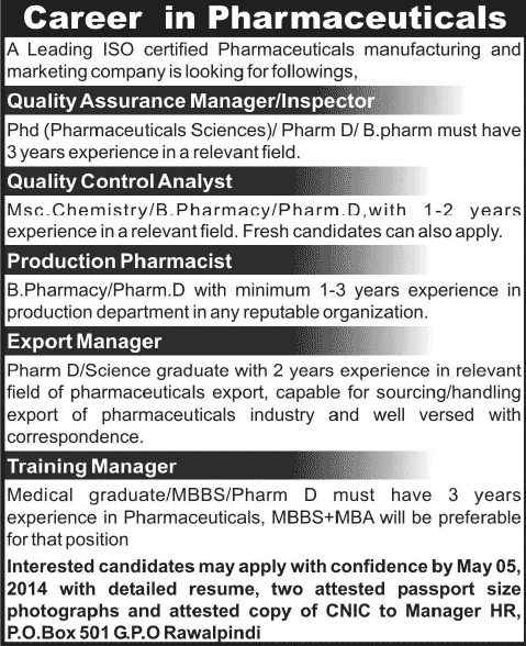 Pharmacist Jobs in Rawalpindi 2014 April in Pharmaceutical Company PO Box 501 GPO