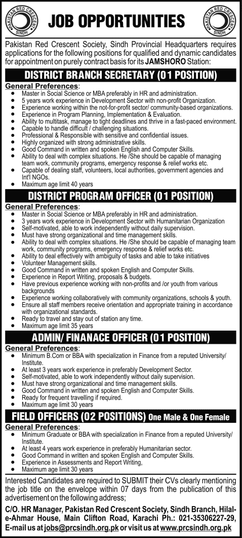 Pakistan Red Crescent Society Sindh Jobs 2014 April for Secretary, Program / Admin / Finance & Field Officers