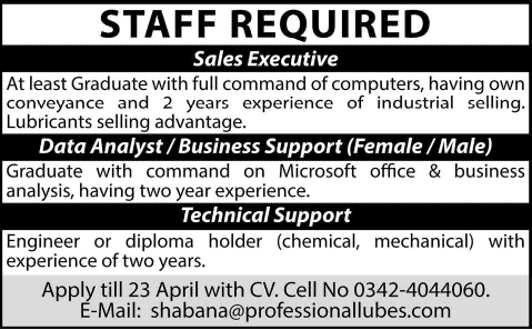 Sales Executive, Data Analyst & Chemical / Mechanical Engineering Jobs in Lahore 2014 April at Professional Lubes