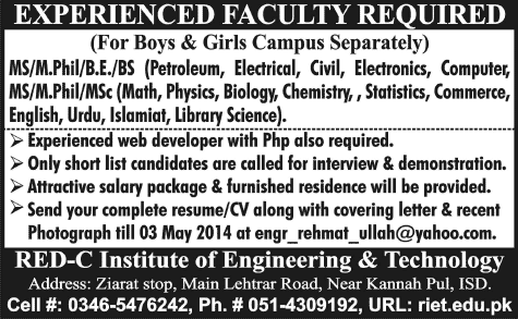 Web Developer & Teaching Jobs in Islamabad 2014 April at Red-C Institute of Engineering & Technology