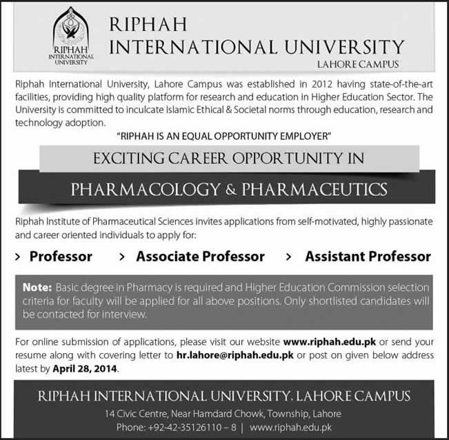Riphah International University Lahore Jobs 2014 April for Teaching Faculty in Pharmacology & Pharmaceutics
